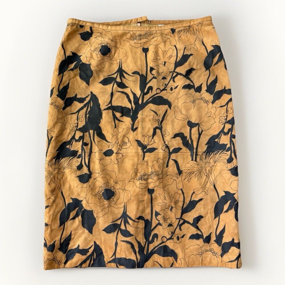 Vintage Tracy Reese Leather Floral Skirt Size 8 Zip Lined Tan Black
